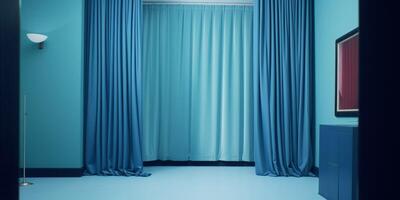 en rum med en blå ridå ai genererad foto