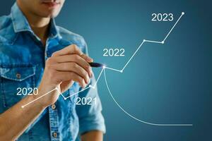 mannens hand pekande Graf av Framgång i 2022 år. växande företag begrepp foto