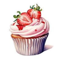 vattenfärg jordgubb cupcake. illustration ai generativ foto