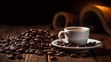 kaffe bönor och en kopp av svart kaffe på en trä- tabell illustration ai generativ foto