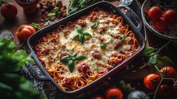 hemlagad spaghetti frukost gryta i en bakning maträtt. illustration ai generativ foto