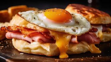 klassisk skinka och ägg frukost smörgås med ost på en rostat engelsk muffin illustration ai generativ foto