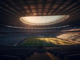 fotboll stadion med ljus lampor och säten skapas med generativ ai teknologi foto