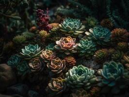 miniatyr- Hem blommor suckulenter och kaktus i de trädgård skapas med generativ ai teknologi foto