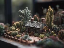 fantasi miniatyr- Hem blommor suckulenter och kaktus i de trädgård skapas med generativ ai teknologi foto