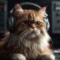 katt i stor hörlurar åtnjuter musik. skapas med generativ ai teknologi foto