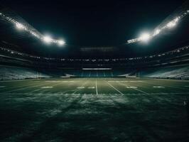 fotboll stadion med ljus lampor och säten skapas med generativ ai teknologi foto