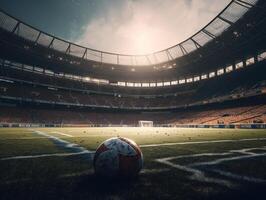 fotboll boll på grön gräs skapas med generativ ai teknologi foto