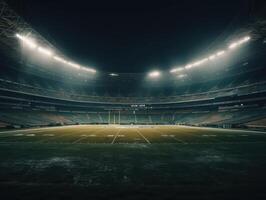 fotboll stadion med ljus lampor och säten skapas med generativ ai teknologi foto
