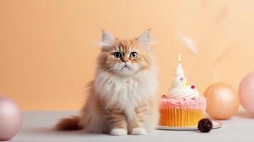 födelsedag katt med kaka. illustration ai generativ foto