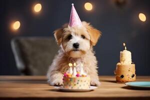 söt födelsedag hund med kaka. illustration ai generativ foto
