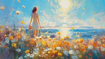 impressionist målning, flicka på sommar bakgrund. illustration ai generativ foto