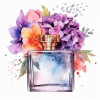vattenfärg parfym flaska med blommor. illustration ai generativ foto