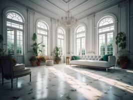 eleganta sammansättning av mysigt levande rum interiör skapas med generativ ai teknologi. foto