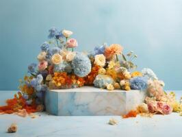 runda marmor podium med blommor skapas med generativ ai teknologi. foto