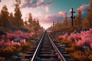 järnväg spår i en skog landskap. illustration ai generativ foto