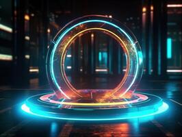fantastisk cirkel hologram magi portaler. trogen runda skede med neon lampor. lysande runda skede på en mörk bakgrund. skapas med generativ ai teknologi foto