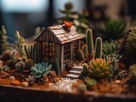 fantasi miniatyr- Hem blommor suckulenter och kaktus i de trädgård skapas med generativ ai teknologi foto