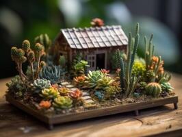 fantasi miniatyr- Hem blommor suckulenter och kaktus i de trädgård skapas med generativ ai teknologi foto