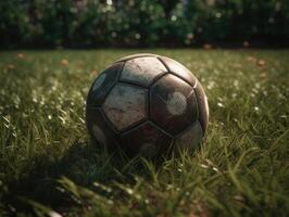 fotboll boll på grön gräs skapas med generativ ai teknologi foto