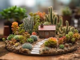 fantasi miniatyr- Hem blommor suckulenter och kaktus i de trädgård skapas med generativ ai teknologi foto