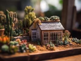 fantasi miniatyr- Hem blommor suckulenter och kaktus i de trädgård skapas med generativ ai teknologi foto