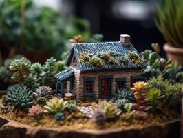 fantasi miniatyr- Hem blommor suckulenter och kaktus i de trädgård skapas med generativ ai teknologi foto