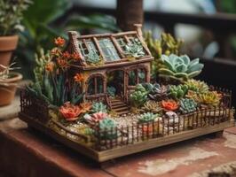 fantasi miniatyr- Hem blommor suckulenter och kaktus i de trädgård skapas med generativ ai teknologi foto