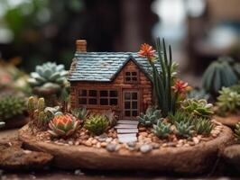 fantasi miniatyr- Hem blommor suckulenter och kaktus i de trädgård skapas med generativ ai teknologi foto