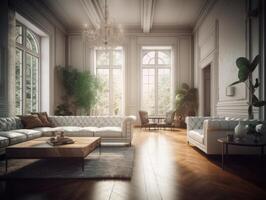 eleganta sammansättning av mysigt levande rum interiör skapas med generativ ai teknologi. foto