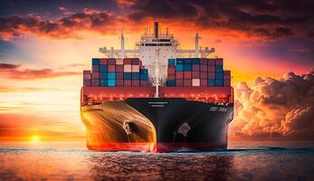behållare fartyg på hav, företag logistisk importera - exportera transport främre se i solnedgång, generativ ai foto