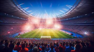 se inuti fotboll stadion med fläktar på stadion spel och publik människor firande med strålkastare färgrik belysning bakgrund, generativ ai foto