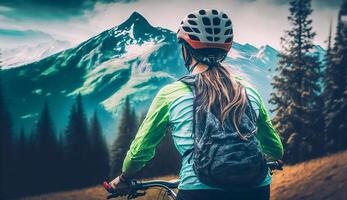 berg cykling kvinna ridning på cykel i sommar bergen skog landskap, ai generativ foto