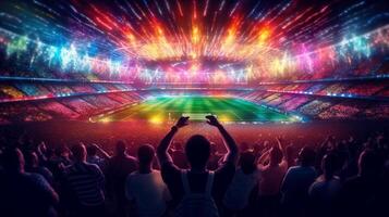 se inuti fotboll stadion med fläktar på stadion spel och publik människor firande, generativ ai. foto