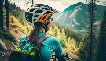 berg cykling kvinna ridning på cykel i sommar bergen skog landskap, ai generativ foto