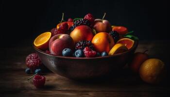 färsk organisk frukt skål, en friska sommar mellanmål för bantning genererad förbi ai foto