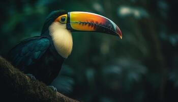 toucan perching på gren i vibrerande tropisk regnskog livsmiljö genererad förbi ai foto