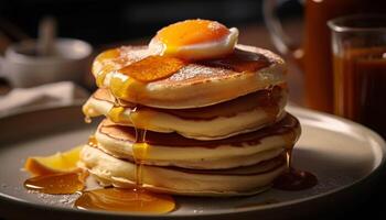 stack av hemlagad pannkakor med sirap och färsk bär genererad förbi ai foto