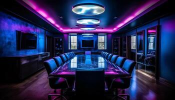 modern nattklubb med lila belysning, bekväm stolar, och elegant design genererad förbi ai foto