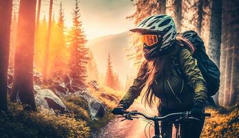 berg cykling kvinna ridning på cykel i sommar bergen skog landskap, ai generativ foto