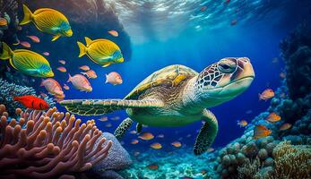 sköldpadda med grupp av färgrik fisk och hav djur med färgrik korall under vattnet i hav, generativ ai foto