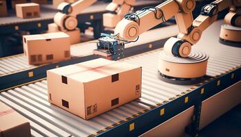 robot vapen arbetssätt med kartong lådor på transportband bälte i lager för produkt lagring och logistik, generativ ai foto