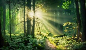 grön skog med skön strålar av solljus, skog landskap, generativ ai foto