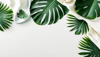 topp se av tropisk löv på vit trä- med vit bordsduk bakgrund, generativ ai foto