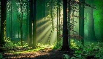 grön skog med skön strålar av solljus, skog landskap, generativ ai foto