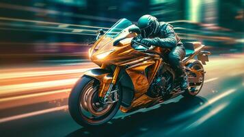 ebr tävlings motorcykel med abstrakt lång exponering dynamisk hastighet ljus spår i ett urban miljö stad, generativ ai foto