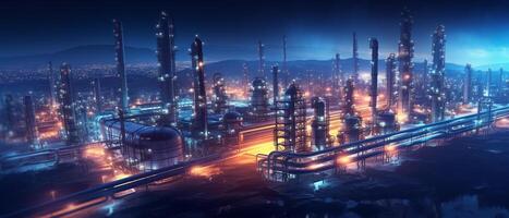 olja raffinaderi fält på natt, de petrokemiska industri, generativ ai foto