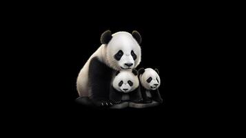 panda familj sitta på sten på svart bakgrund, generativ ai foto