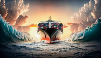 behållare stor fartyg på hav och stor Vinka, företag logistisk importera - exportera transport i solnedgång, ai generativ. foto