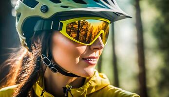 stänga upp berg cykling kvinna ridning på cykel i sommar bergen skog landskap, ai generativ foto